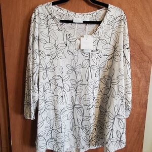 CYNTHIA ROWLEY NWT  100% Linen. 3X. Leaves Semi Sheer 3/4 Sleeves